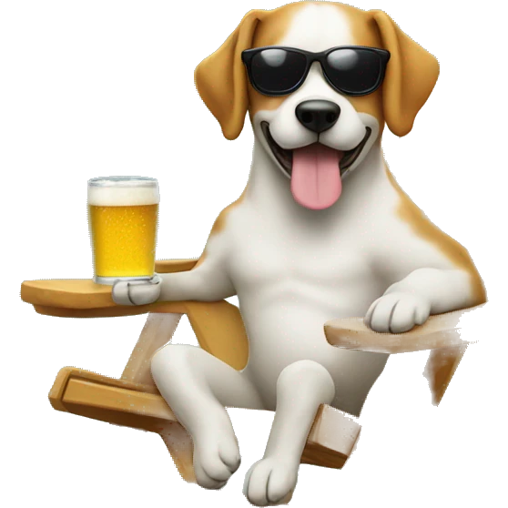 Dog with sunglasses drinking a beer, sitting on a lawn chair  emoji