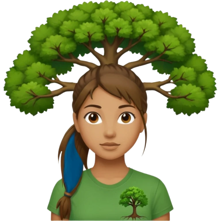 Make a zumba coach emoji, brown eyes, brown hair girl, green shirt with the "the roots" on it, longer pony tail hair, add tree logo on to the green shirt emoji