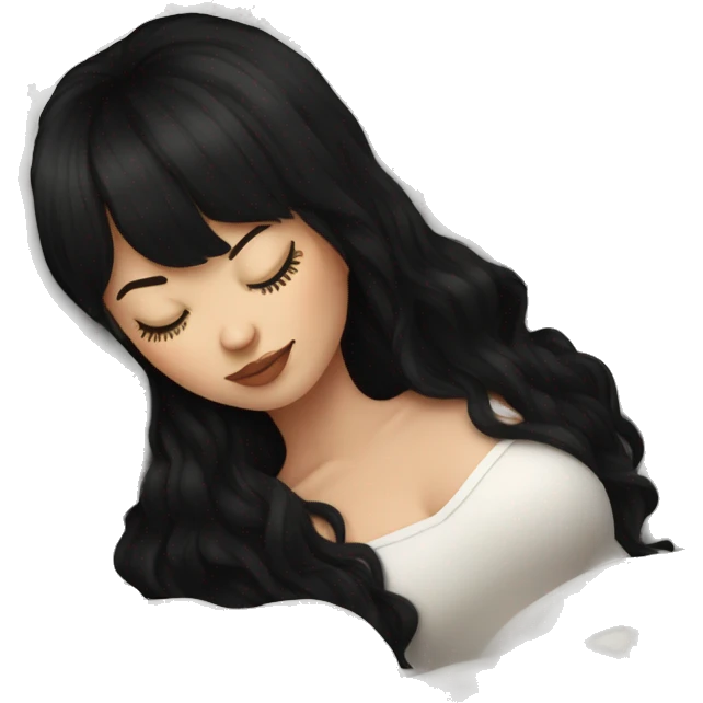 Woman pale skin black hair with bangs sleeping in bed with pillow, white woman emoji