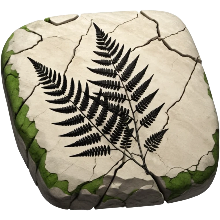 3D render of Fern Imprint, embedded in a chunk of rough sedimentary rock, cracked stone texture, ancient fossil aesthetic, black carbon imprint on a white limestone rock, matte dry finish, Apple emoji style, isolated on white background --v 6.0 emoji