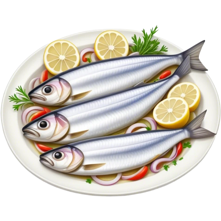 Cinematic Realistic Herring Dish Emoji, showcasing a traditional preparation of fresh herring with onions rendered with lifelike detail and cool, crisp lighting. emoji