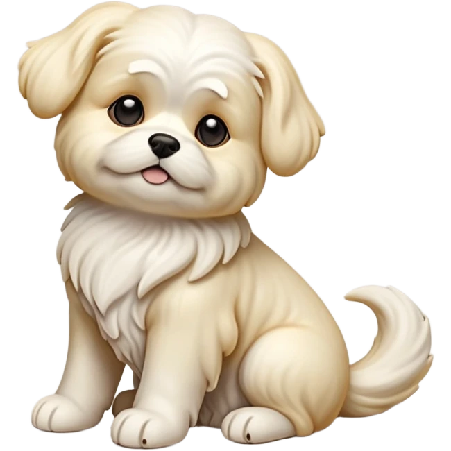 detailed-[Maltese dog]-realistic-full-body-sitting-emoji,-tail-resting-loosely-beside-its-paws,-head-tilted-dramatically, -wavy-[cream white]-fur,-simplified-yet-realistic-focused-features,-highly-detailed,-glowing-with-an-almost-sarcastic-glow emoji