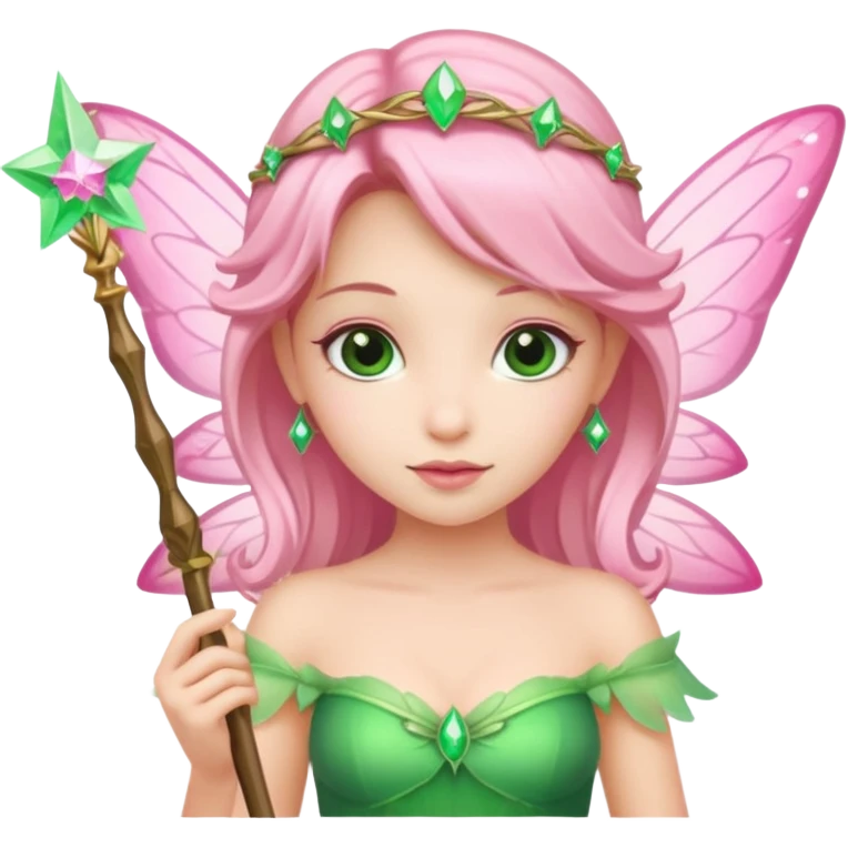 Pink and green fairy with wand white skin tone  emoji
