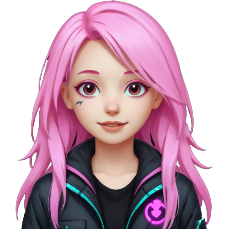 girl neon cyberpunk light pink happy long hair emoji