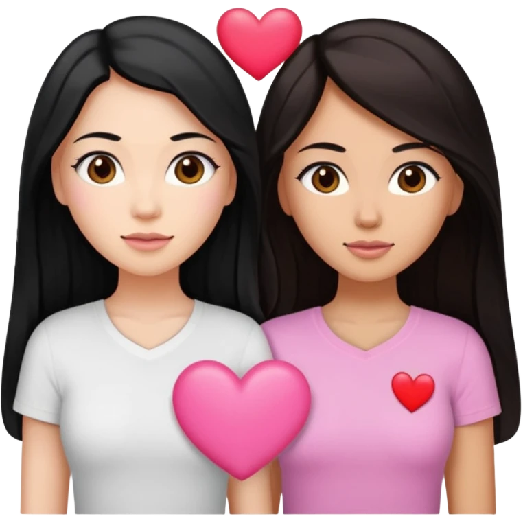 Dos mujeres juntas que una sea de color trigueña y de color blanca, cabello largo negro sea la de piel blanca y la de piel trigueña cabello castaño raya en medio, tengan polo blanco y tengan un corazon rosado arriba emoji