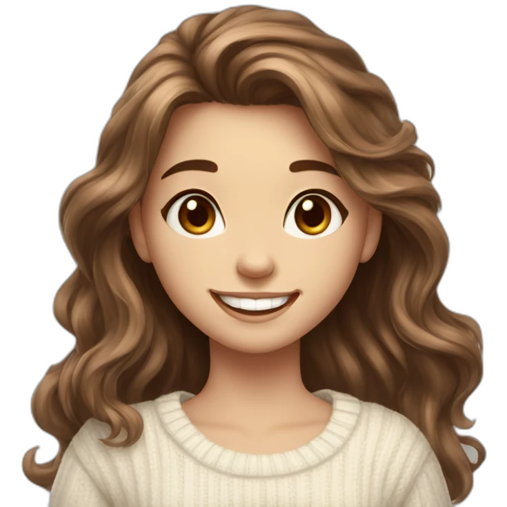 beautiful girl, white, with long loose wavy hair, brown hair, brown eyes, smiling, good teeth, white sweater, she waves her hand, realistic drawing emoji