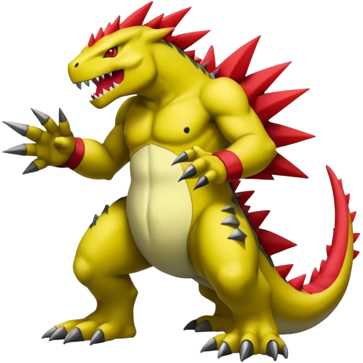 Cool edgy shiny Guilmon-Tyranitar-Drudigon-Digimon-hybrid-fusion, yellow belly, full body emoji
