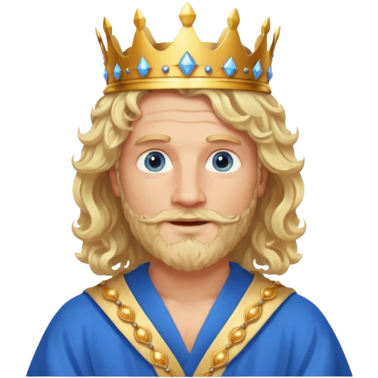 1 Middle-aged white king, 40 years old, blond hair, blond beard, long curly hair, blue eyes, kind and benevolent vibe, gentle smile, wearing a crown and blue robe emoj emoji