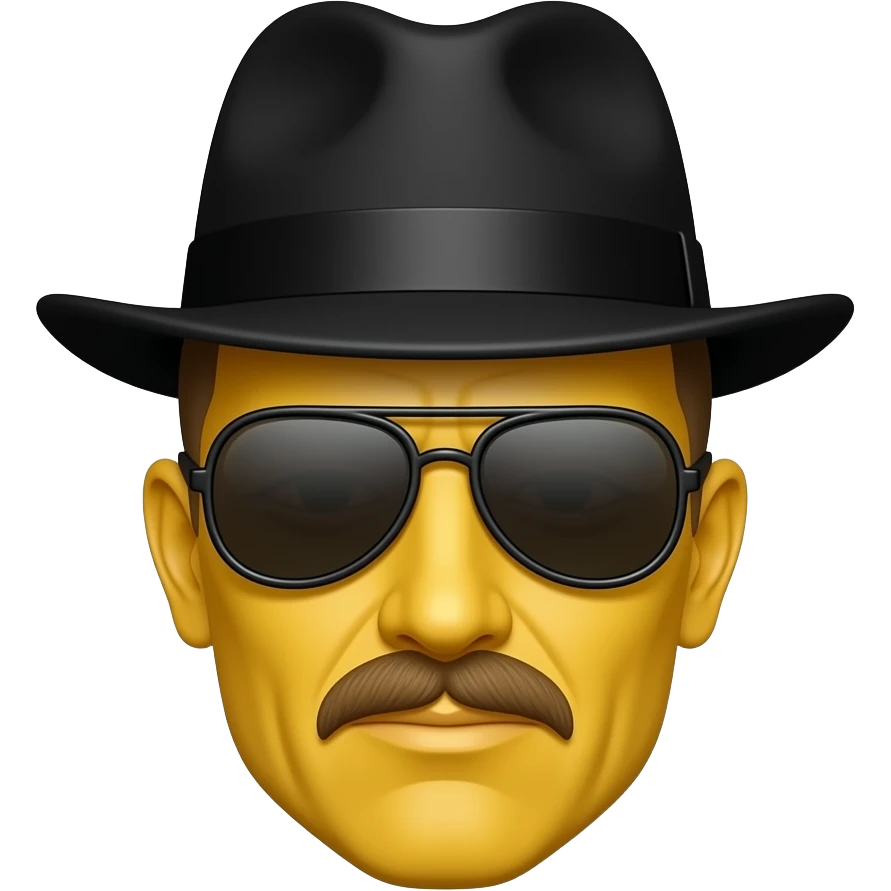 Extremely Yellow like a classic emoji, Heisenberg as a face emoji, with the black flat hat, while bald, with sunglasses emoji