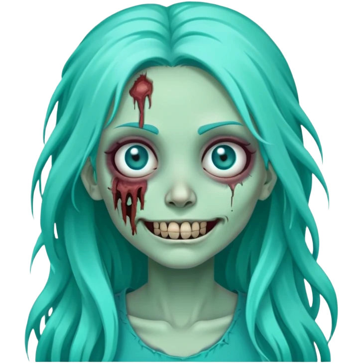 zombie girl with long turquoise hair, one eye missing, creepy smile, cute undead character emoji