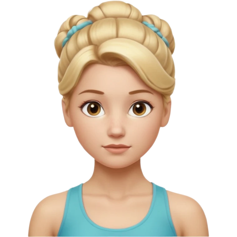 Cinematic Realistic Workout Girl Portrait, depicted with lifelike skin texture, subtle rosy undertones, and soft natural lighting that enhances the gentle contours of her face. Her intricately detailed golden blonde hair is elegantly styled in an updo, emoji