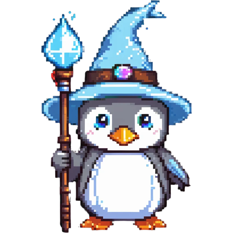 penguin wizard with a pointy hat and magic staff emoji