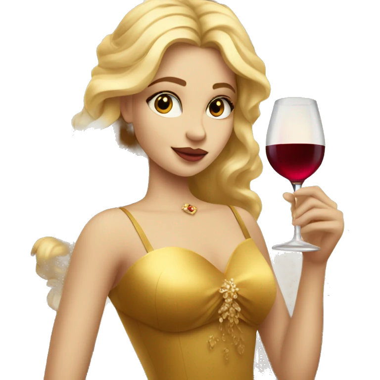 beautiful blond princess in a golden dress drinking wine emoji
