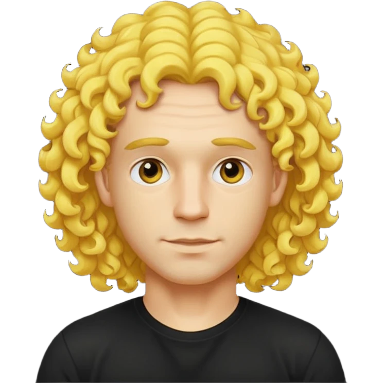 a yellow-faced standard man with mid-long curly hair wearing a black t-shirt, face and shoulders. The yellow of the face is very bright. emoji