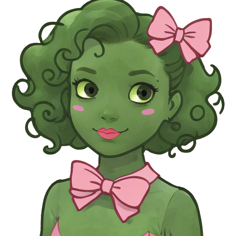 White girl with brown hair that is curly with a pink bow and pink dress emoji
