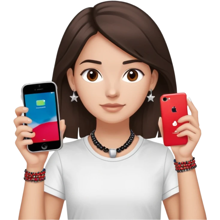 brunette girl with wavier medium length hair, brown eyes, light/medium skin tone, holding two phones - one iPhone and one plain black phone without Apple logo, wearing red Adidas t-shirt, simple silver hoop earrings, and a colorful beaded charm necklace emoji