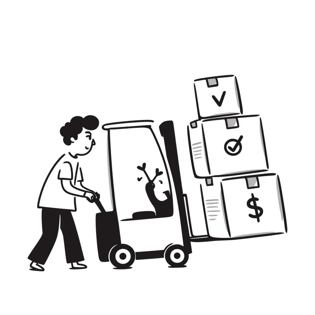 A hand-drawn warehouse worker with a forklift carrying inventory, representing a supplier emoji