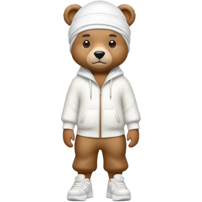 Complete full-body view of a bear wearing a white durag and stylish urban sneakers, showing from head to toe emoji