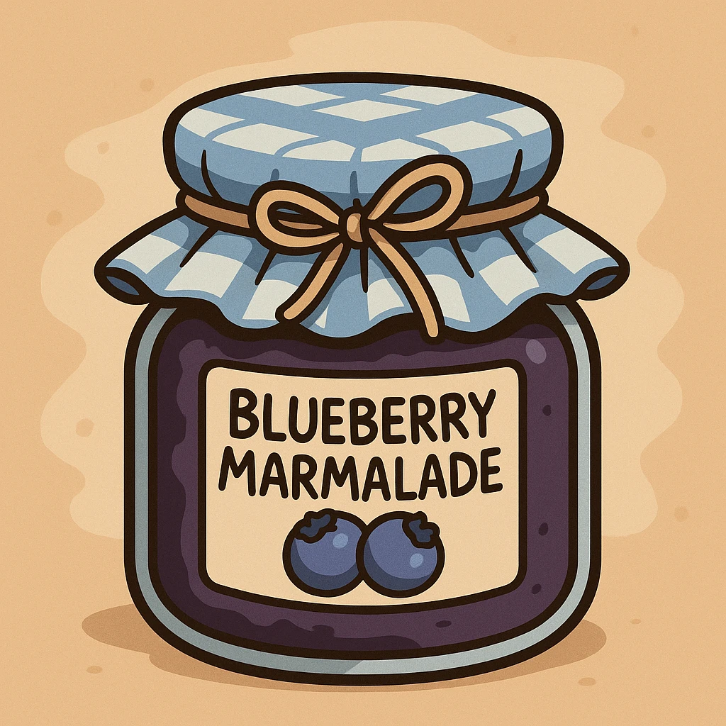 cartoon style jar of blueberry marmalade with a blue and white tiled fabric cap and a bow tied on top emoji