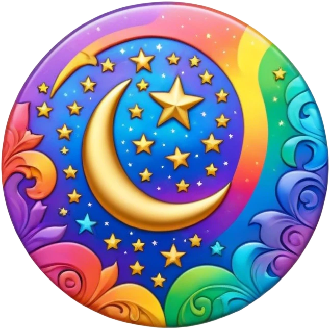 A round psychedelic colored button with a rainbow colored damask style moon and stars in the center emoji