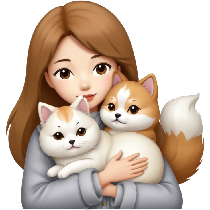 A Chinese fashion pretty girl with brown hair, wearing a light gray fur coat, hugging a Shiba Inu and a long-haired white Persian cat. emoji