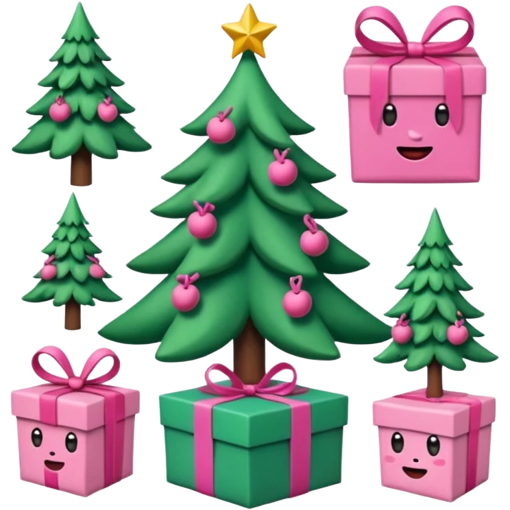 emojis estilo pixar de la cara de santa, arbolito rosa, reno, lazo coquet,bastones rosa, caja de regalo rosa, arbolito verde con bambalinas rosa emoji
