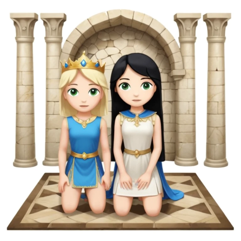 King, standing, black Hair, blue eyes, female servant, blonde, green eyes, shott white sleveless dress, kneeling, background palace emoji