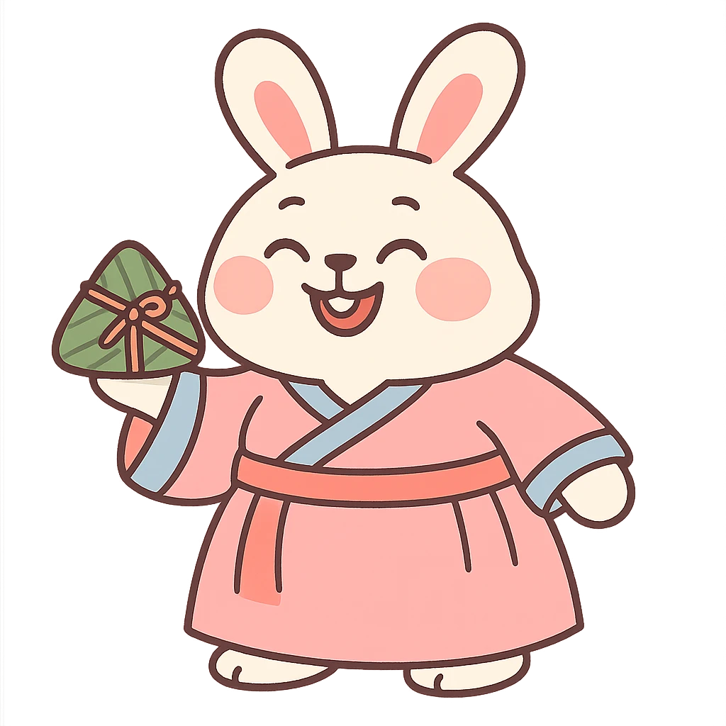 chubby bunny in hanfu holding a bamboo-wrapped zongzi with a big smile, Chinese traditional style, soft tones emoji