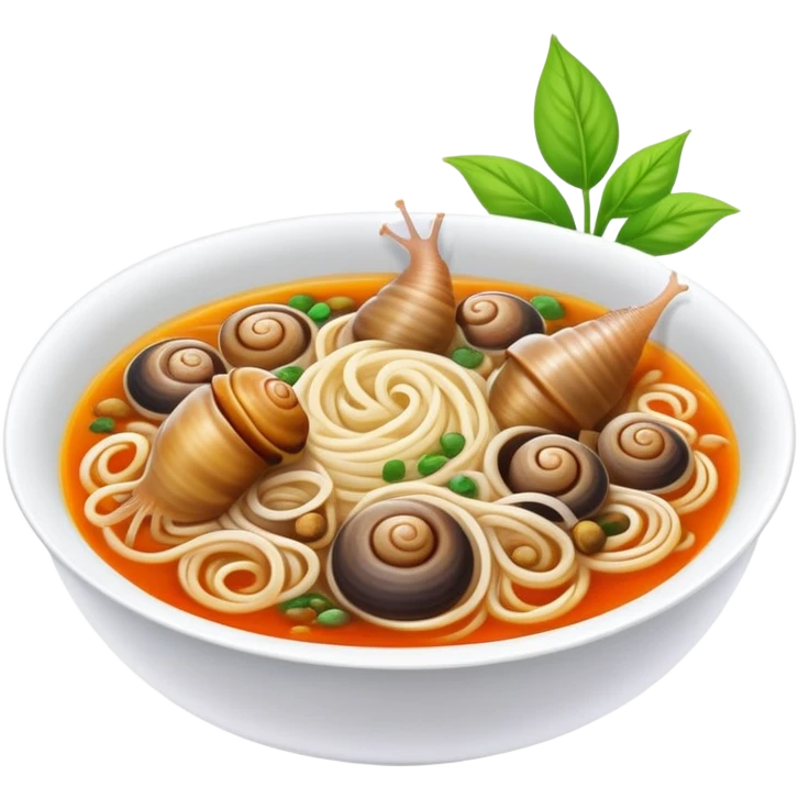 Liuzhou Snail Rice Noodles spicy soup with river snails, simplified emoji style with bold outlines and bright colors, cartoon style Guangxi specialty food emoji