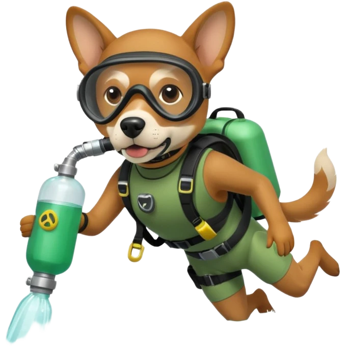 dog wearing scuba green gear dive into the sea with diver mask and oxygen tank emoji
