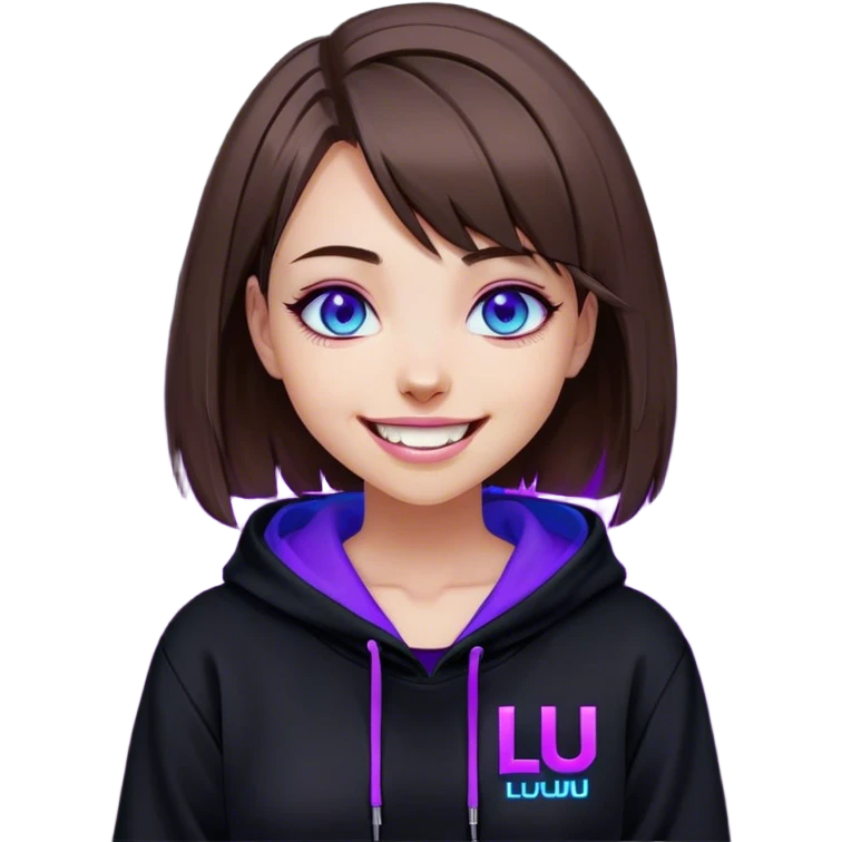 brown haired girl with a bob and blue eyes wearing black hoody with violet letters "Lu", laughs. Cyberpunk style. Violet neon. emoji