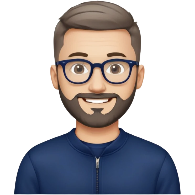 Fair-skinned man with oval face, extremely short tight haircut (very short on top, skin fade on sides), short salt and pepper beard, large black-framed glasses, smiling, wider body type, wearing navy blue long sleeve zip sweatshirt emoji