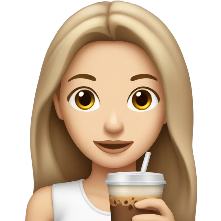 Beautiful white woman, long light brown hair, brown eyes, cozy holding an iced coffee emoji