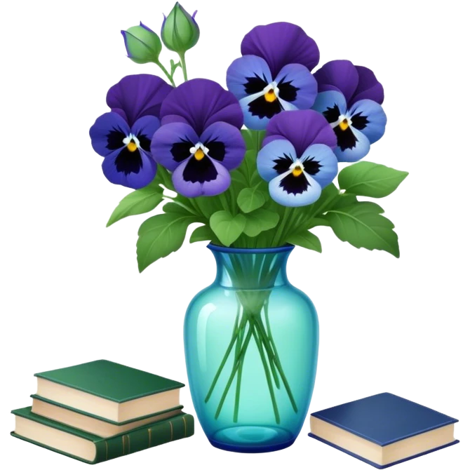 Aesthetically arranged books in dark green and next to them a bouquet of blue pansies in a light green glass vase emoji