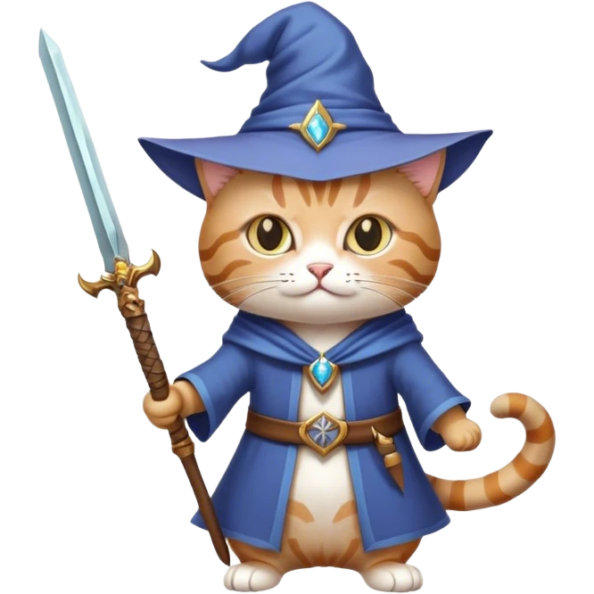 A cat wizard with a sword and a wand emoji