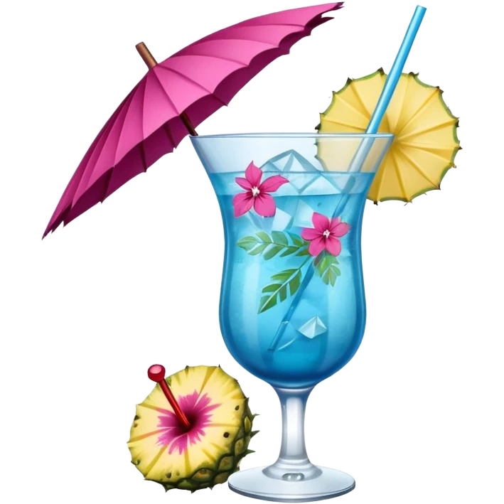 vibrant tropical fruity blue cocktail with hibiscus, pineapple slice, and paper umbrella garnish emoji