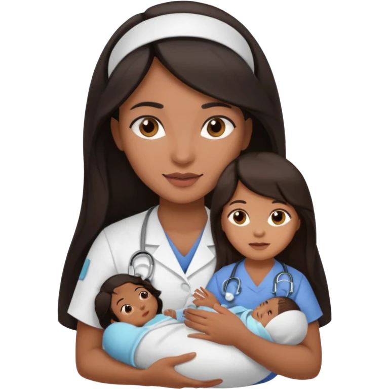 Female nurse with long dark hair with medium brown skin and brown eyes holding a baby emoji