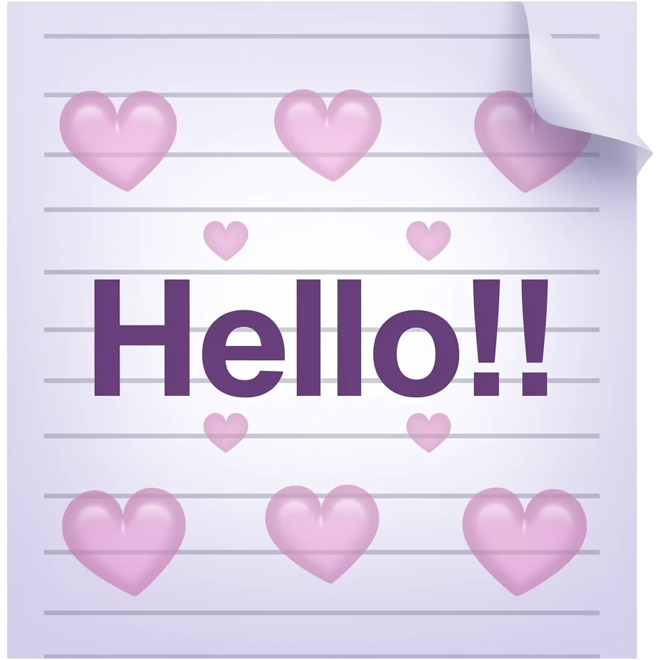 Sticky note that says "Hello!!" with many, tiny hearts in transparent emoji