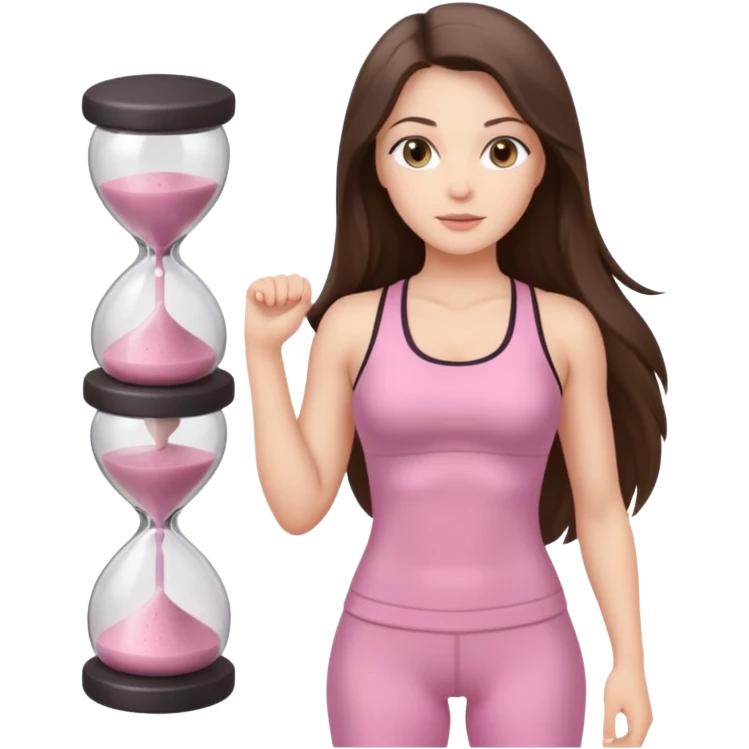 white brunette girl long hair with hazel eyes in light pink workout with hourglass figure emoji