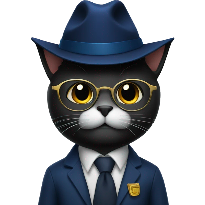 The student is a black wool cat in a dark blue suit, a square academic dark blue cap and golden glasses emoji