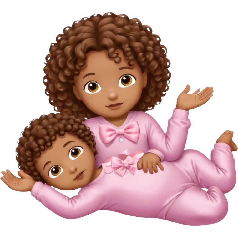 Brown skin 6 month old baby with brown curly hair down laying down with satin baby pink onesie and white bow emoji