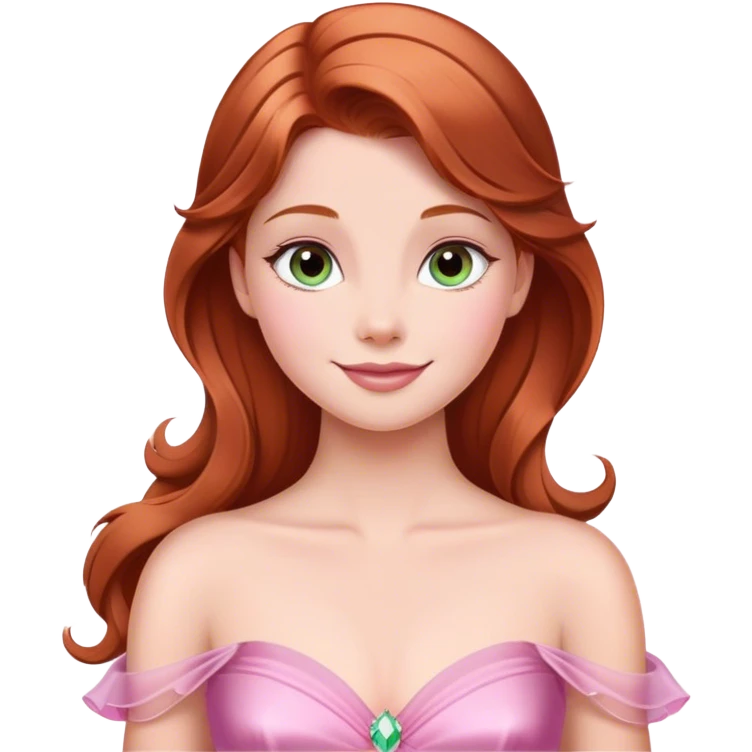 Cinematic Radiant Sleeping Beauty Portrait Emoji, rendered in a realistic, vector style with clean proportions. Show Aurora with a gentle smile, porcelain skin, and beautifully styled auburn hair, wearing her classic pink gown. The image glows with a soft, inviting radiance and high shine, accentuated by a soft glowing outline that enhances her graceful charm. emoji