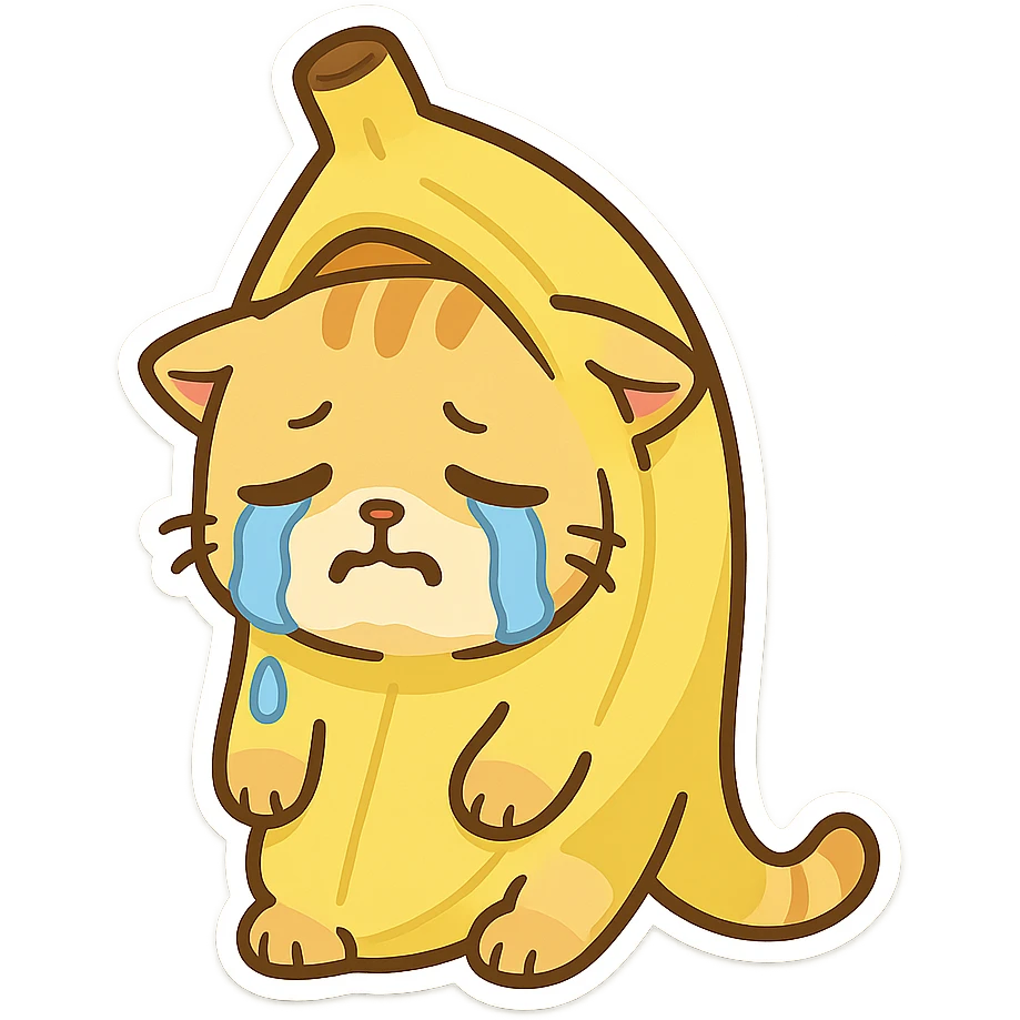 Cat meme, a little yellow cat wearing a banana suit, weak and helpless, crying emoji