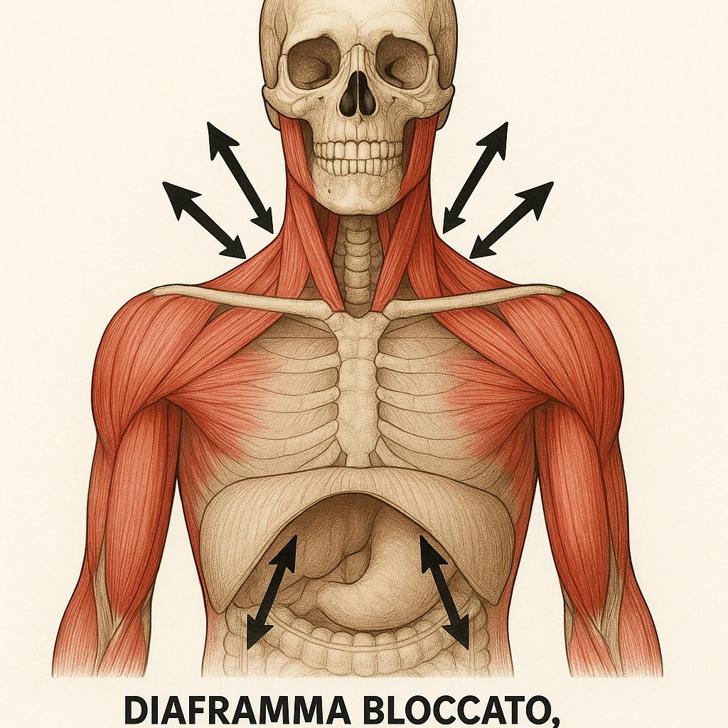 vista anteriore con diaframma bloccato, muscoli del collo e scapole evidenziati, frecce che mostrano la direzione della tensione, didascalia in italiano emoji