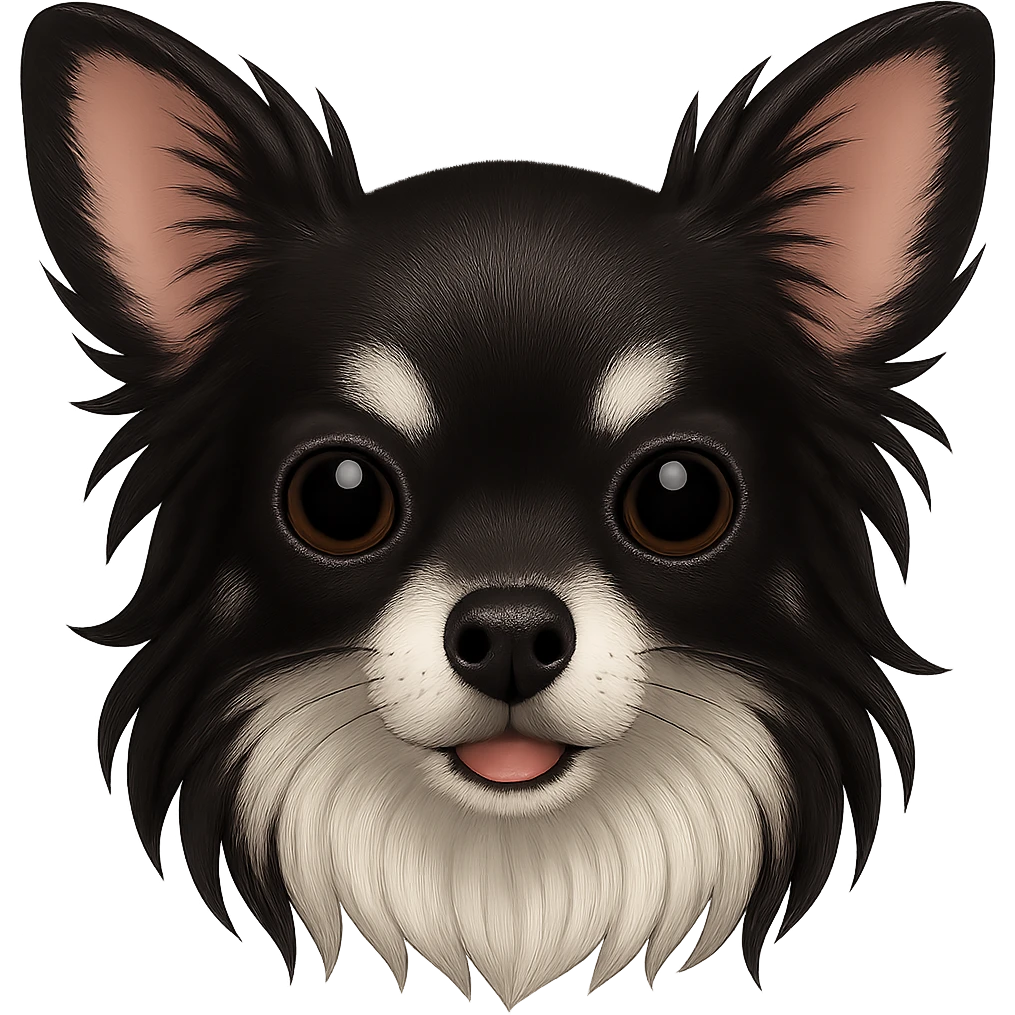 Make the chihuahua's head slimmer and add more black areas on the face while keeping the long fur and the colors black, gray, white, and cream. The style should resemble emoji style. Remove the background. emoji