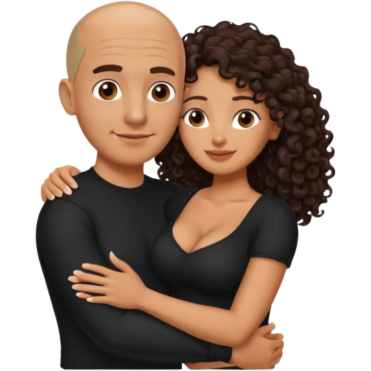 A picture of an embracing tanned couple. the man is a Mexican man with tanned skin, with a bald hair cut, and wearing a black shirt. the woman is mixed, glasses,  with long curly dark brown hair and with big boobs. Remove the glasses from the man emoji