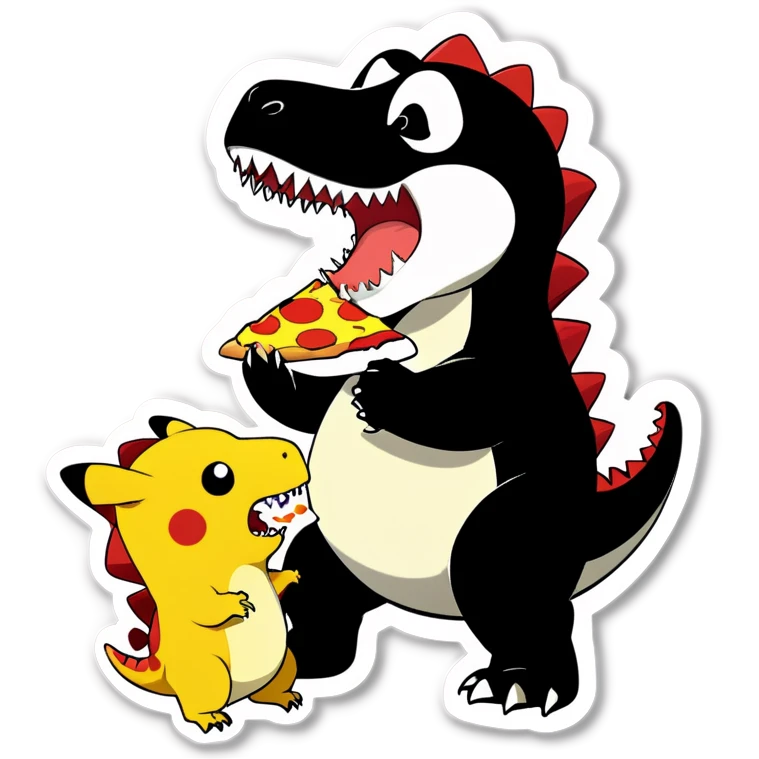 T-Rex eating pizza with Pikachu add a panda and panda ￼ emoji