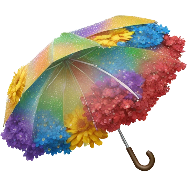 Rainbow umbrella made of flowers with dew drops dripping off and a large handle  emoji