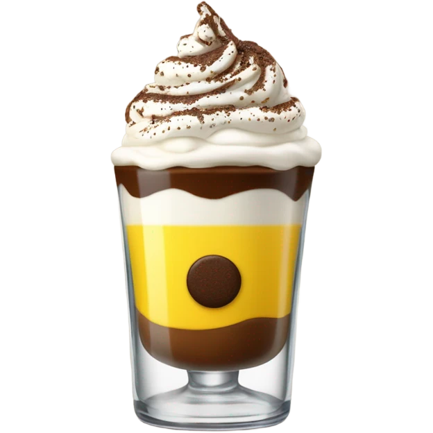 Shot glass, liquid inside is divide in two, yellow at the bottom an coffee on top covered whit a nice spry cream an chocolate powder emoji