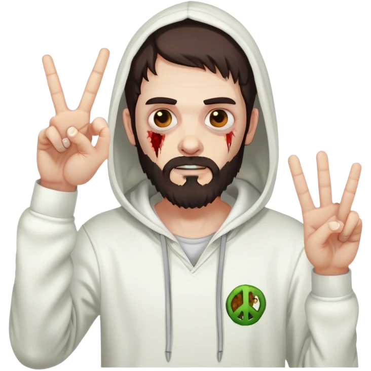 zombie with peace sign gesture wearing white hoodie, with dark brown hair and short full beard emoji